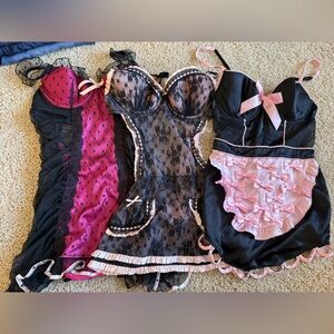 Victoria's Secret Black and Pink Lace Chemise Trio